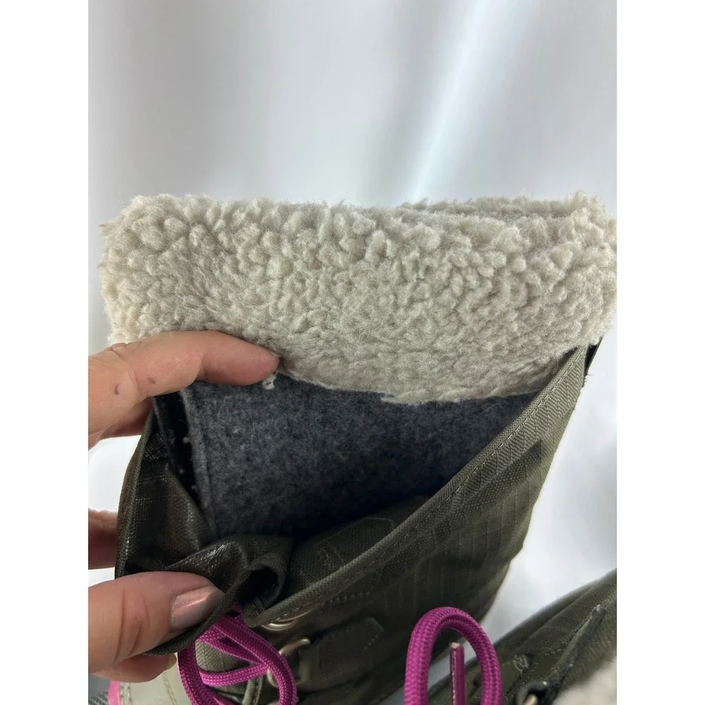 Sorel 1964 Pac 2 Waterproof Winter Boots Olive Green Pink Sherpa Trim Size 11 - Picture 7 of 11